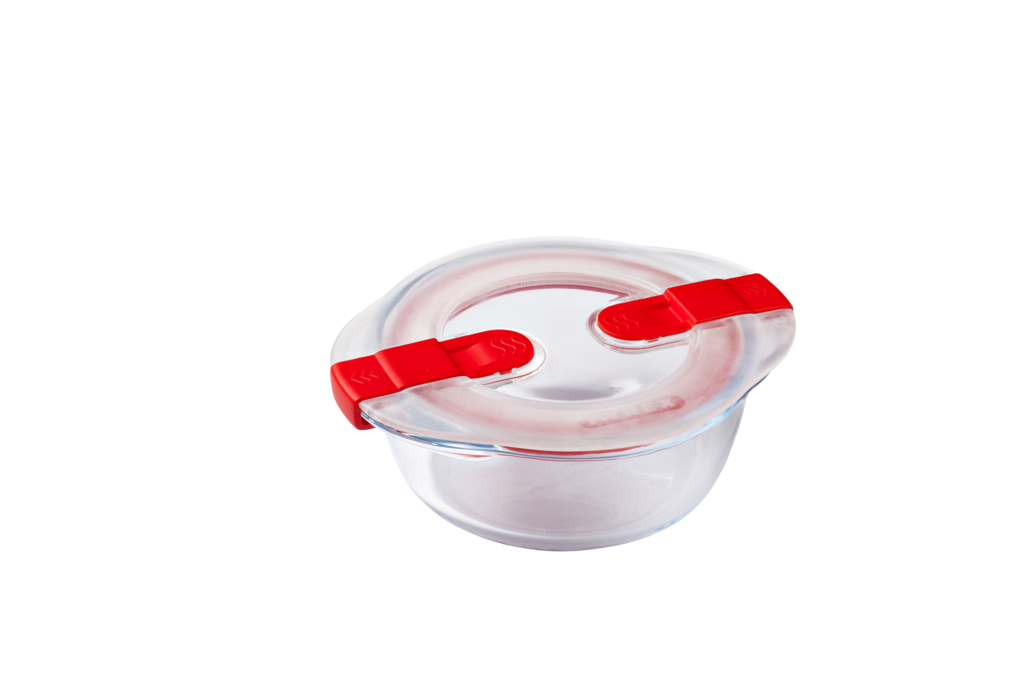 Round glass dish with steam valve lid - Cook  Heat