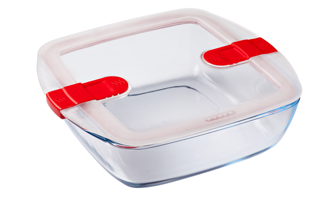 Square glass dish with steam valve lid - Cook  Heat