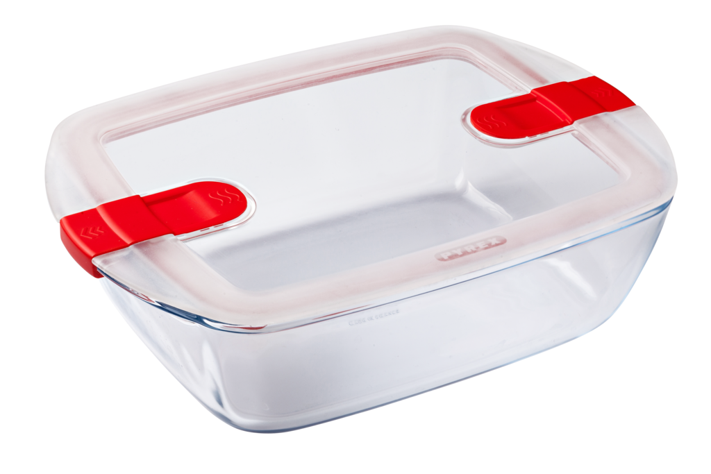 Rectangular glass dish with steam valve lid - Cook  Heat