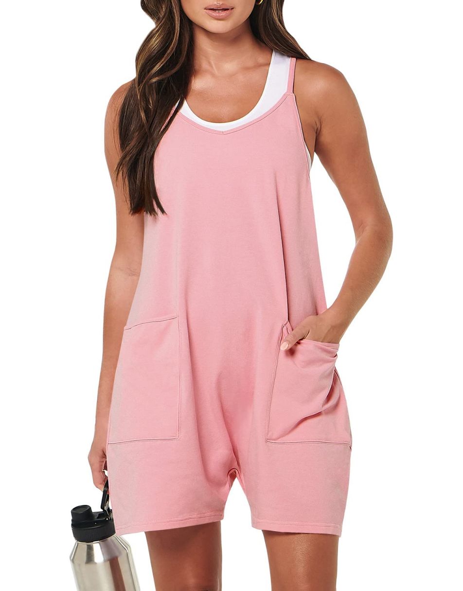 Anrabess Casual Rompers Loose Spaghetti Strap Shorts Jumpsuit with Pockets