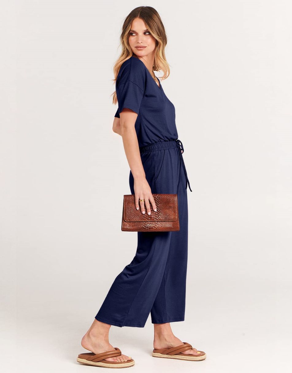 ANRABESS Short Sleeve V Neck Elastic Waist Wide Leg Cropped Pant Jumpsuits Rompers