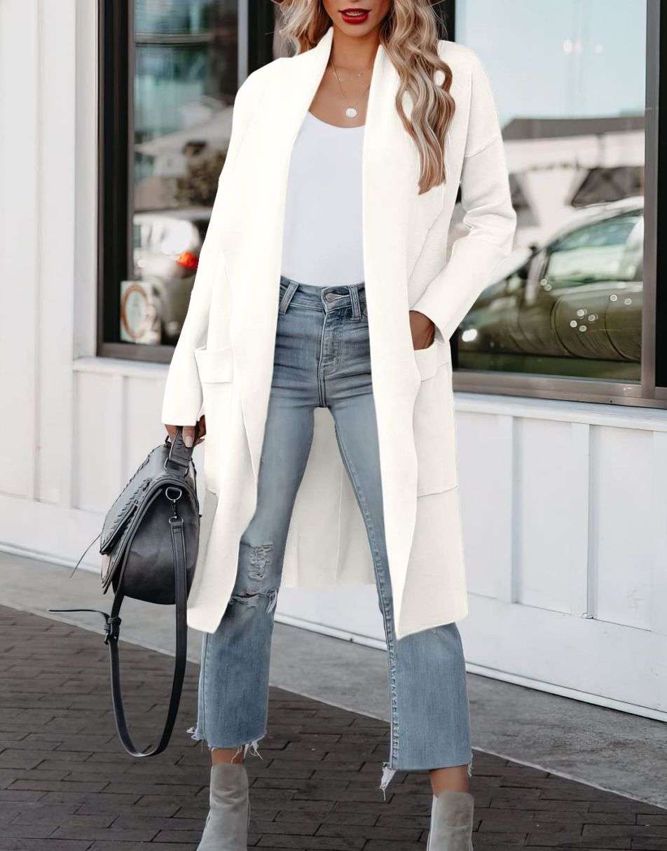 ANRABESS Women's Casual Long Sleeve Draped Open Front Knit Pockets Long Cardigan Jackets Sweater