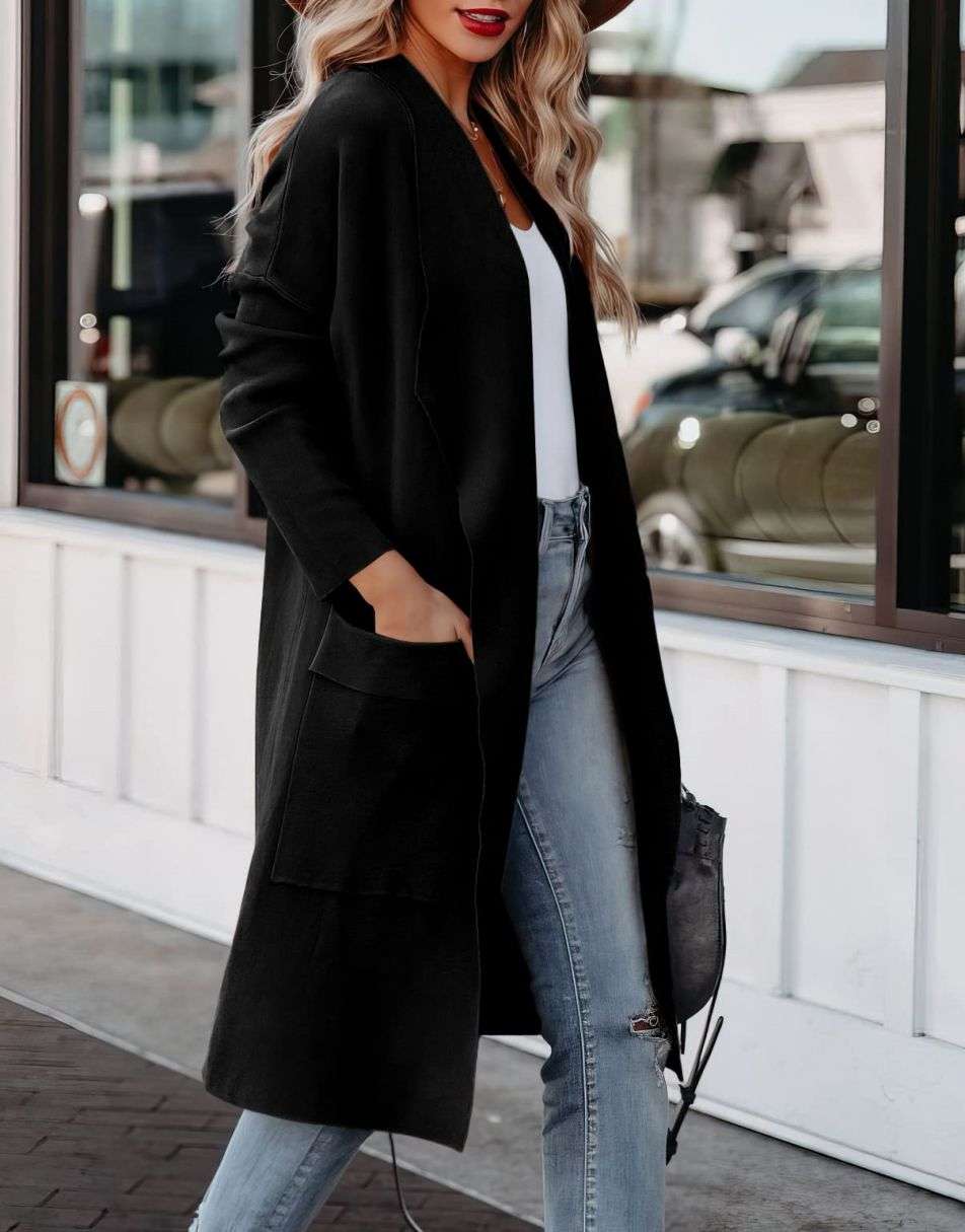 ANRABESS Women's Casual Long Sleeve Draped Open Front Knit Pockets Long Cardigan Jackets Sweater