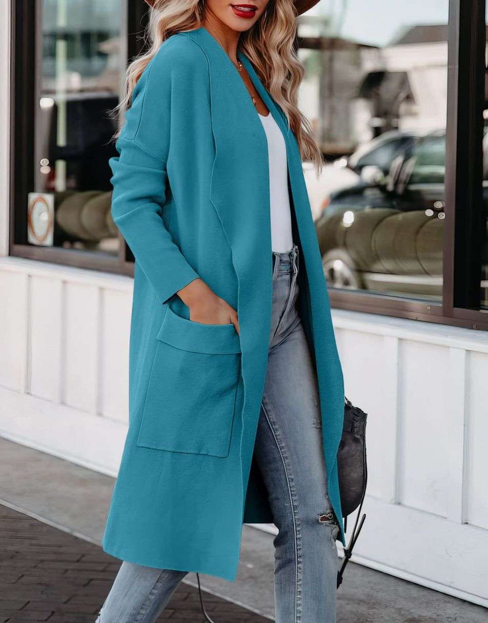 ANRABESS Women's Casual Long Sleeve Draped Open Front Knit Pockets Long Cardigan Jackets Sweater