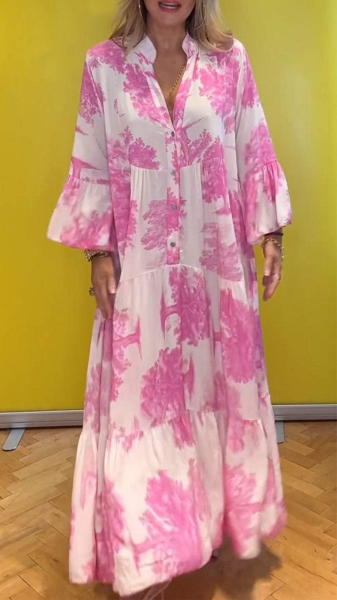 Women's summer dress with V-neck and forest pattern Maxi dress